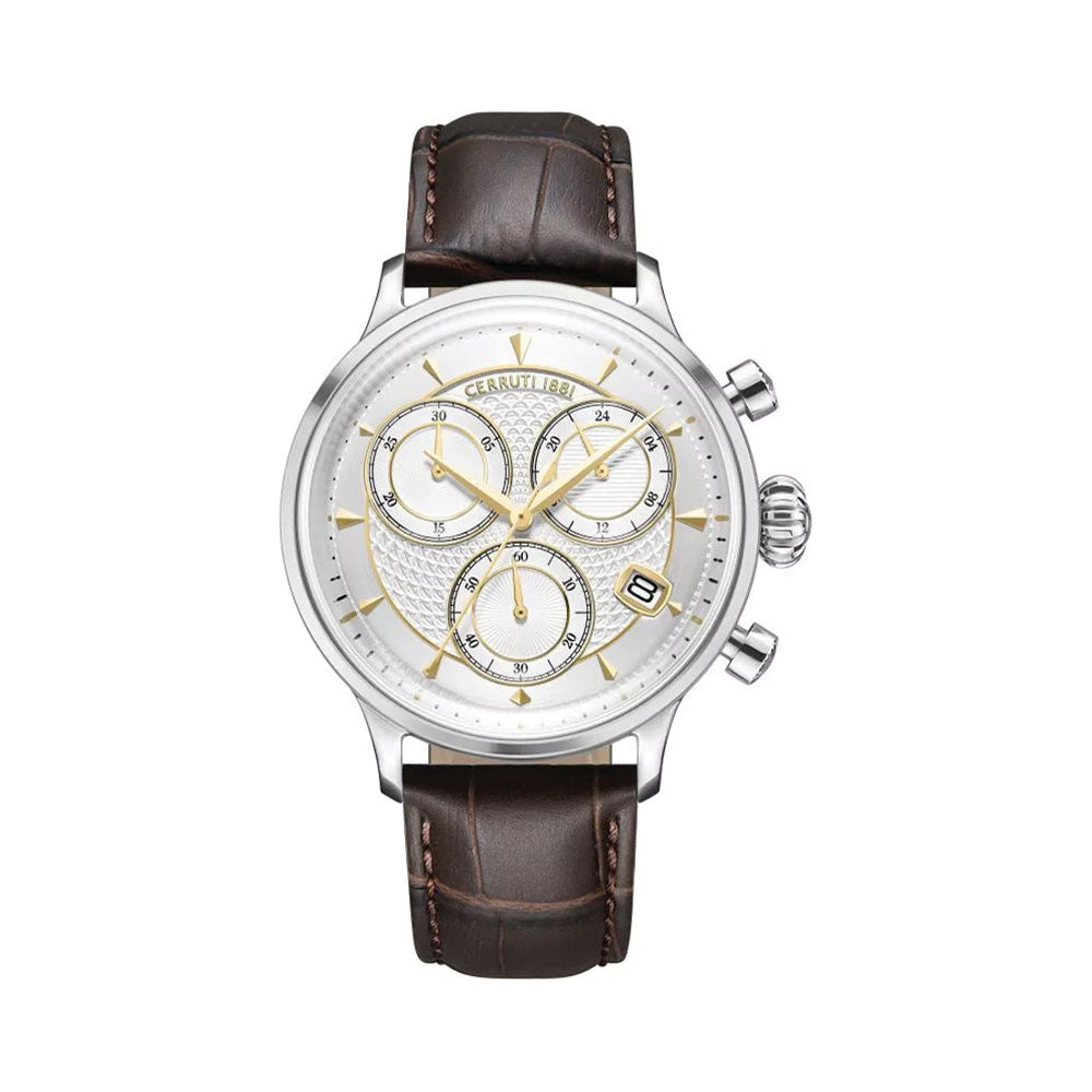 Cerruti 1881 Dervio Chronograph Silver Dial Brown Leather Strap Men'S Watch CIWGC0073302