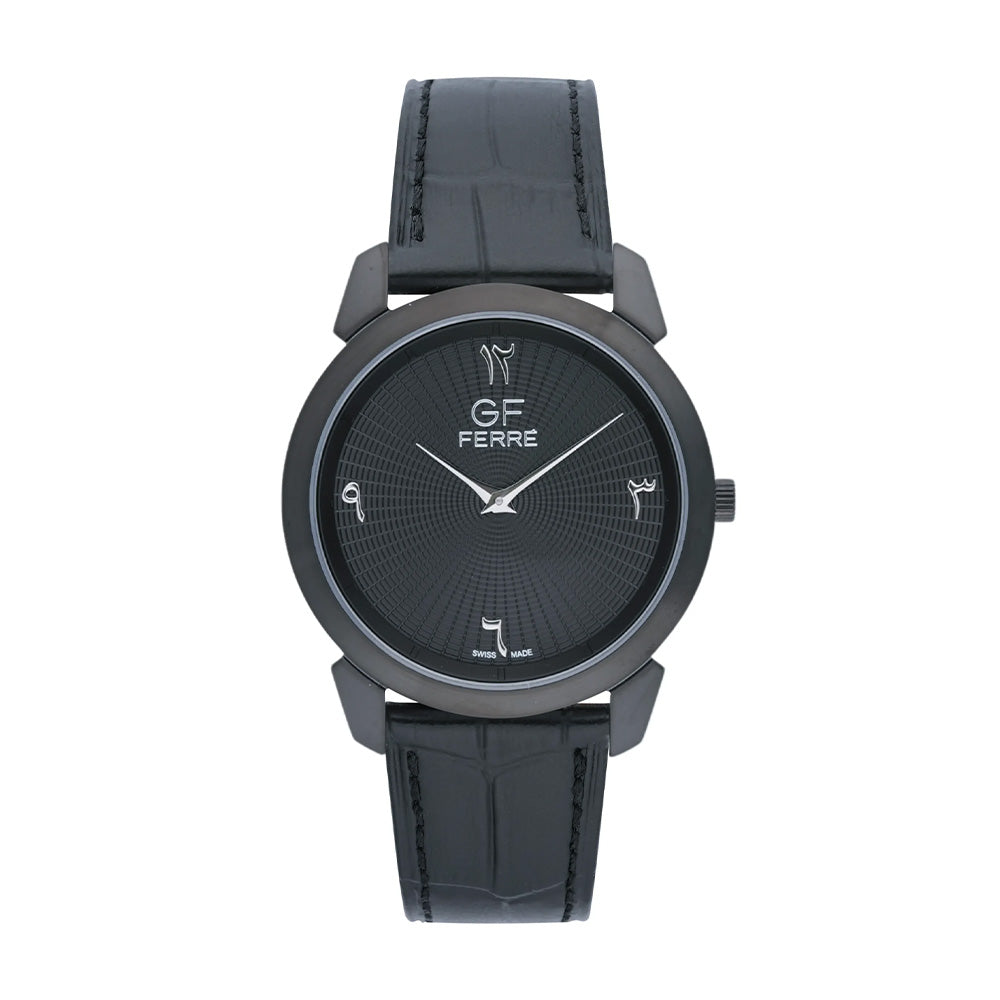 GF Ferre Unisex Black Dial Black Watch Black Leather Strap GFBBK29612M