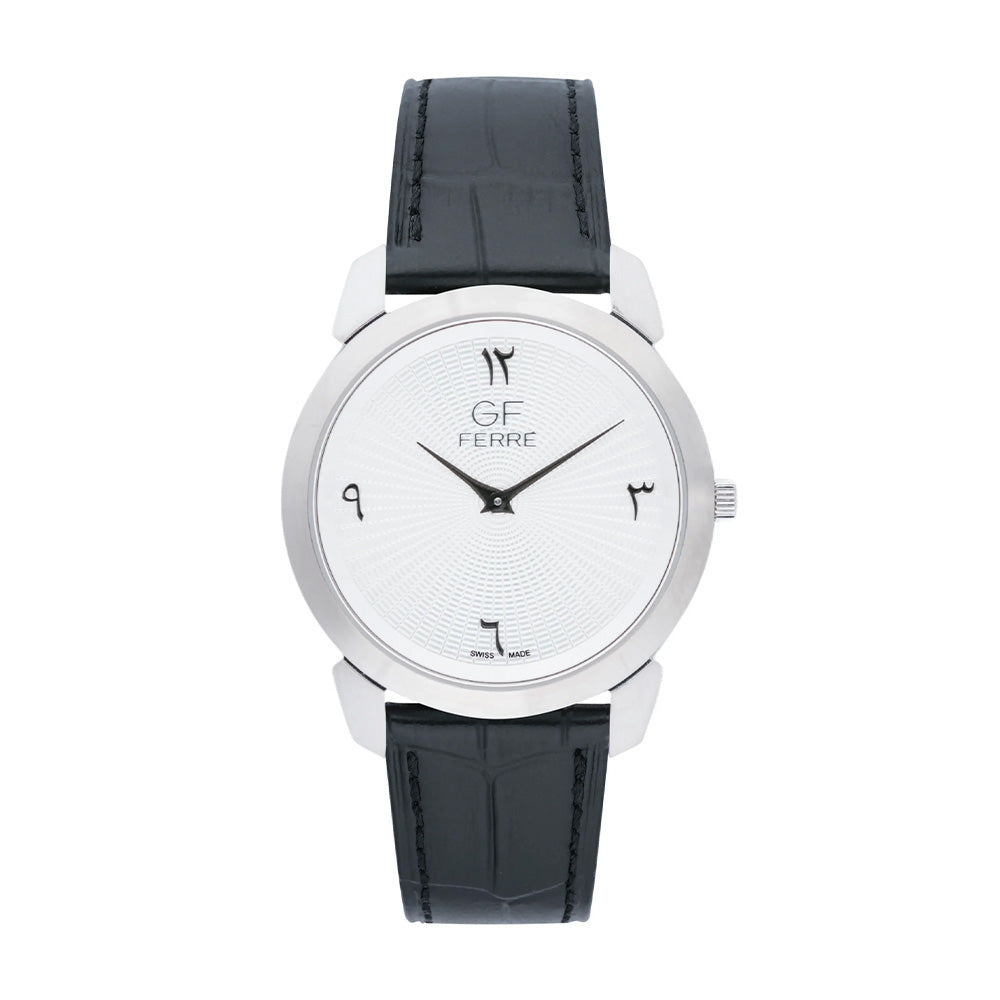 GF Ferre Unisex White Dial Silver Watch Black Leather Strap GFSSBKW29612M