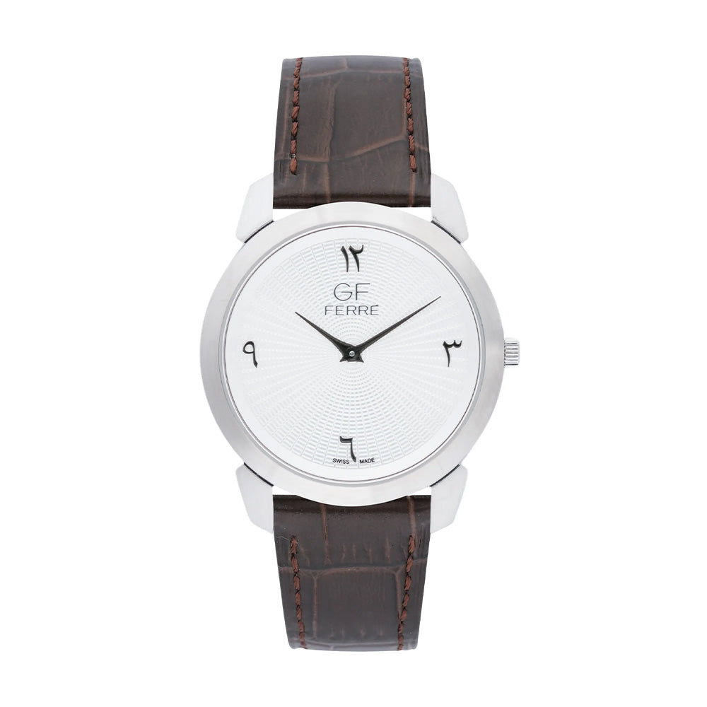 GF Ferre Unisex White Dial Silver Watch Brown Leather Strap GFSSBRW29612M