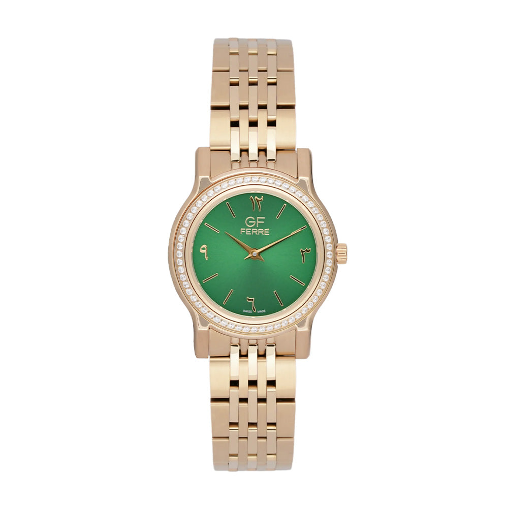 GF Ferre Women's Green Dial Gold Plated Zircon Watch GFGPGN29614LZ