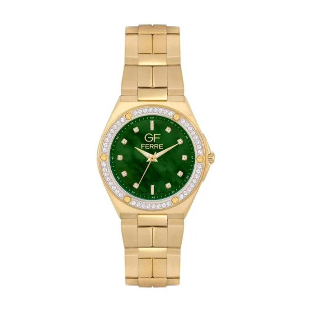 GF Ferre Women's Green Dial Gold Plated Zircon Watch GFGPN8070LEZ