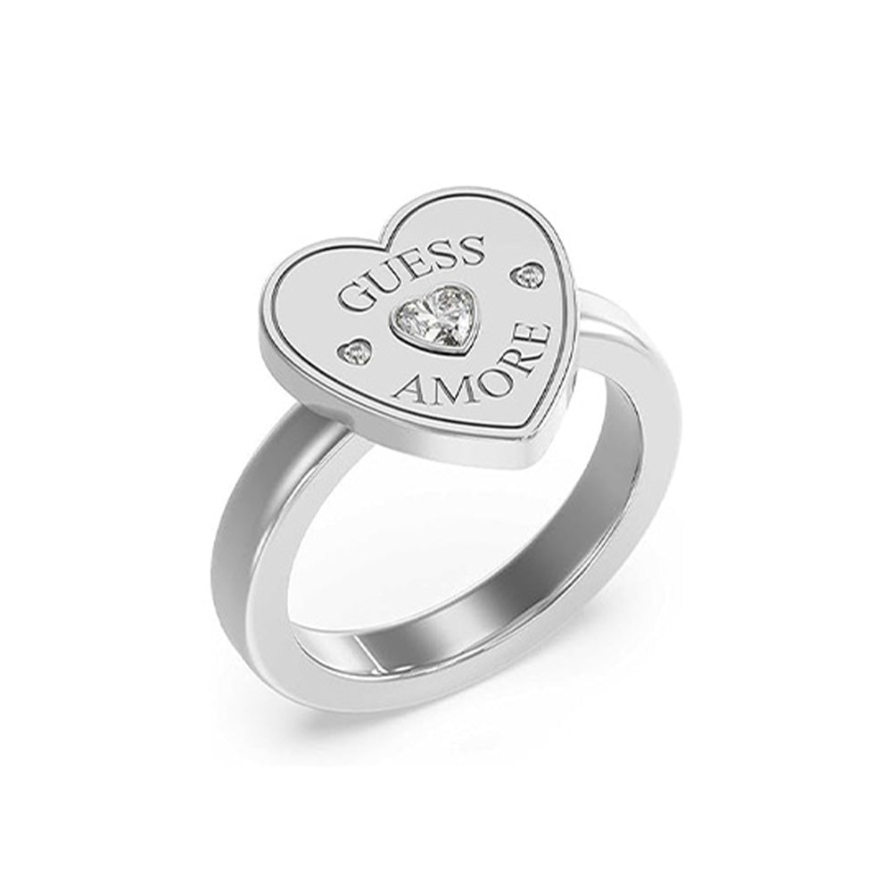 Guess Amore Silver Heart Signet Zirconia Ring For Women JUBR05059JWRH56