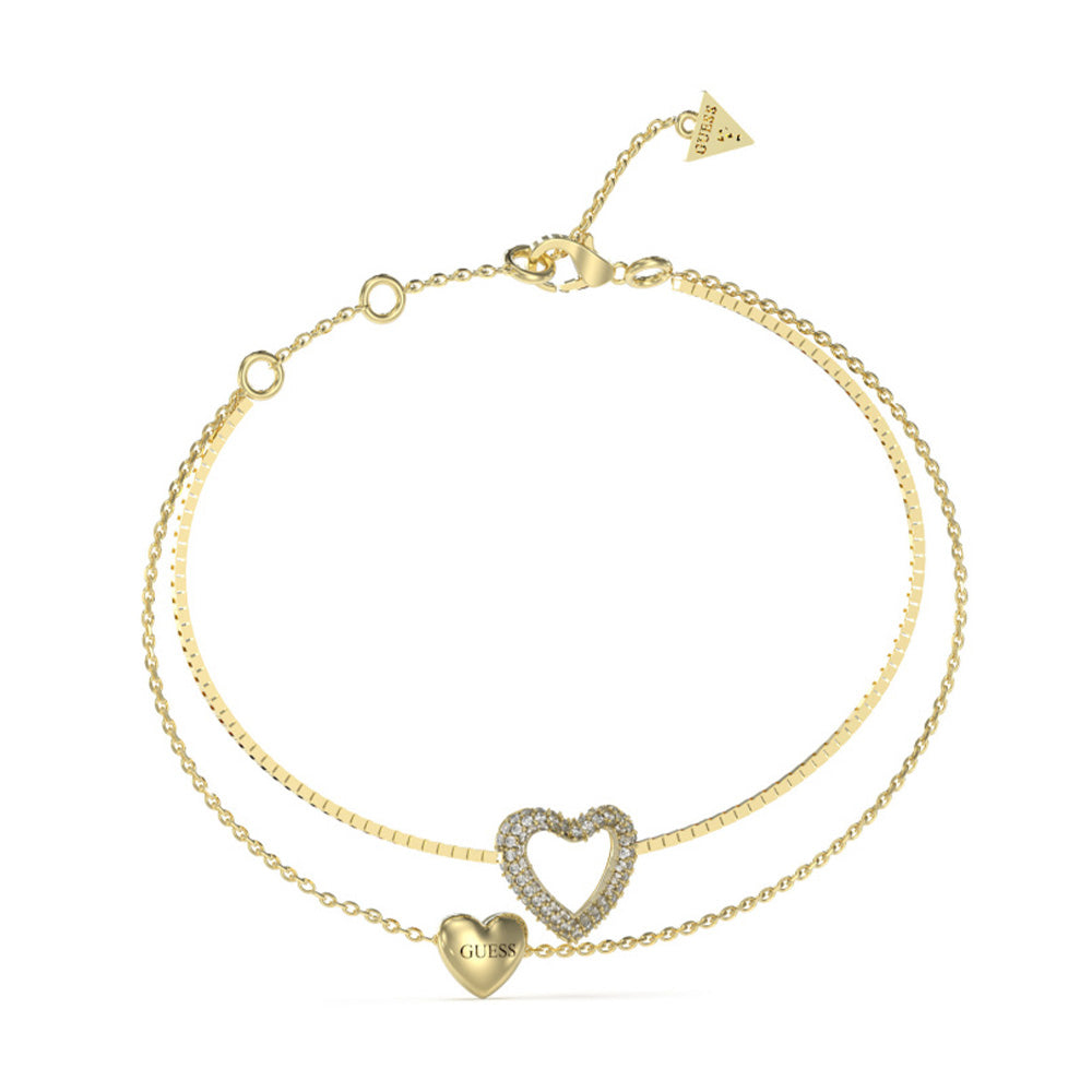Guess Beloved Gold Cubic Zirconia Double Heart Bracelet For Women JUBB05027JWYGS