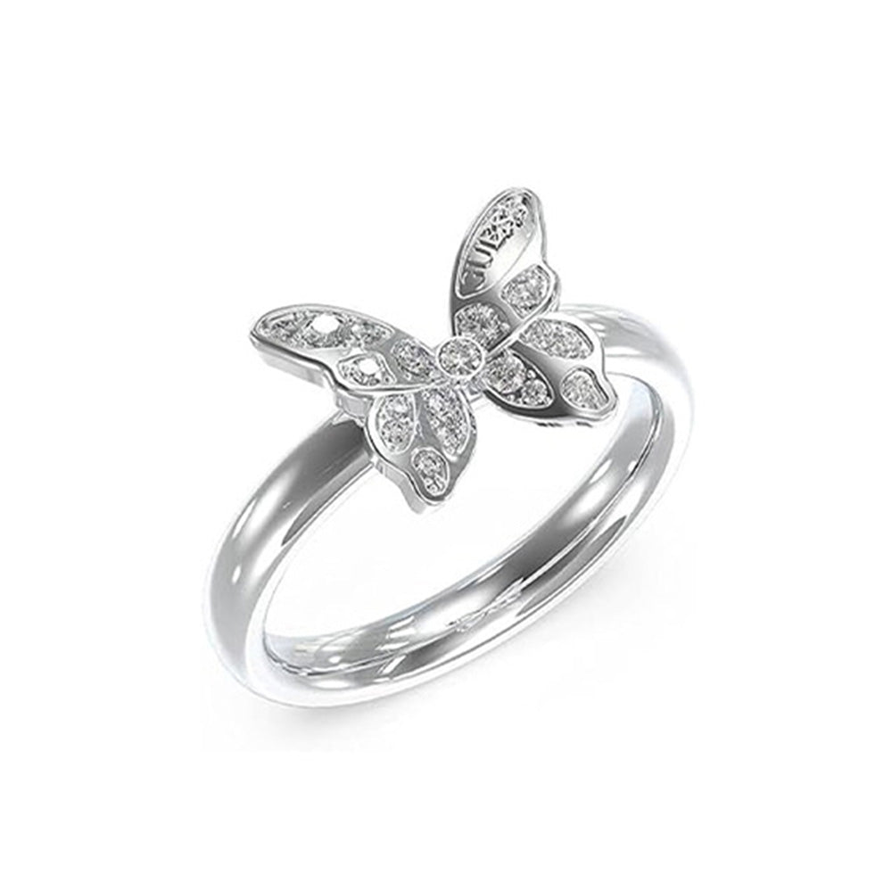 Guess Crisalide Silver Butterfly Crystal Ring For Women JUBR04109JWRH52