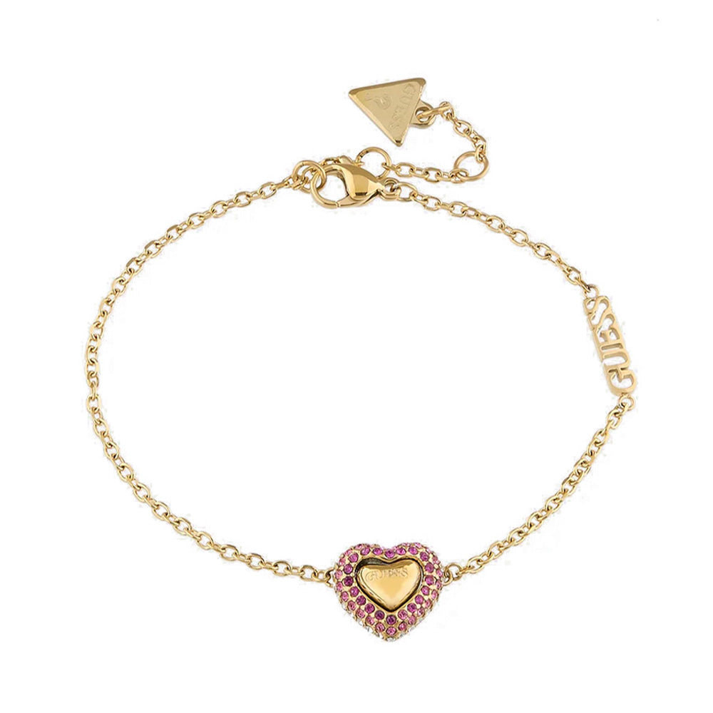 Guess Pavé Heart Yellow Gold Pink Bracelet For Women JUBB05011JWYGPKL