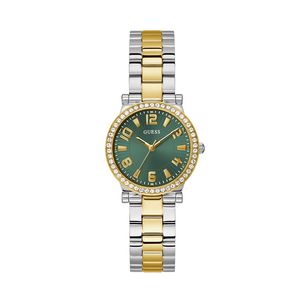 Guess Two Tone Green Dial Crystal Bezel Womens Watch GW0686L2