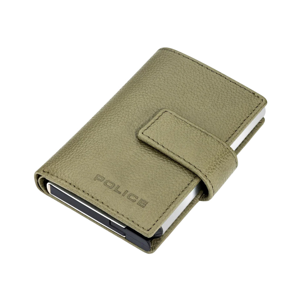 Police Boumous Olive Green Leather & Alloy Men's Automatic Card Case - PELGD2206910