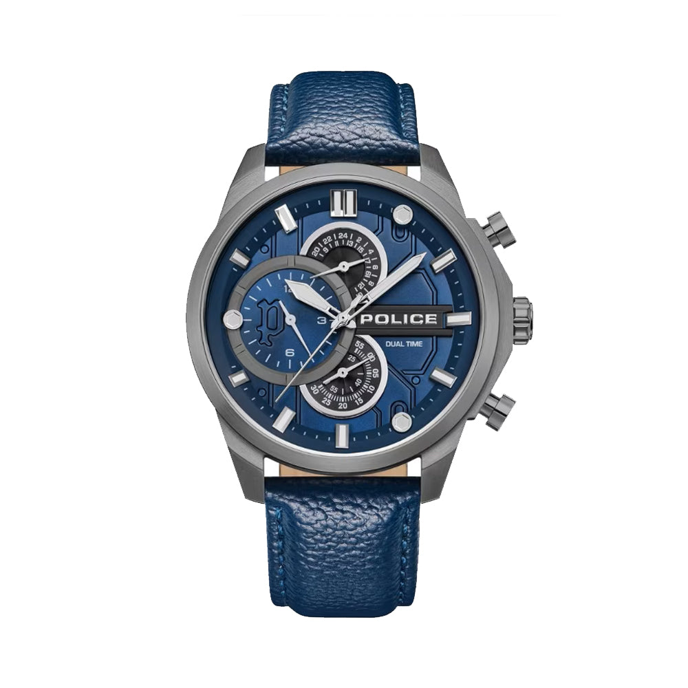 Police Reactor Blue Dial Leather Strap Mens Watch PEWGF0039202M