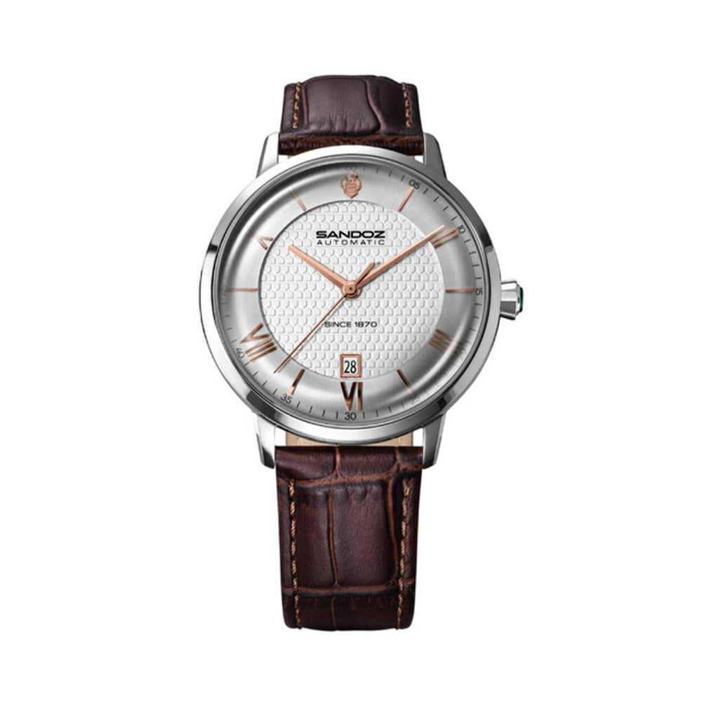 Sandoz Rochettes Automatic Silver Dial Leather Strap Watch For Men SZWGE0000205