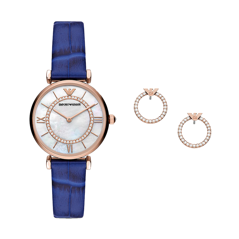 Picture of Emporio Armani Two-Hand Blue Leather Watch and Earring Gift Set AR80053