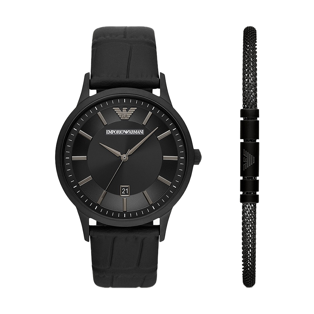 Picture of Emporio Armani Three-Hand Date Black Leather Watch and Bracelet Gift Set AR80057