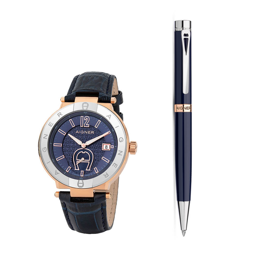Picture of Aigner Monza Men's Silver-Blue Leather Strap Watch With Silver-Blue Rose Gold Ring Pen M A133108-SET C