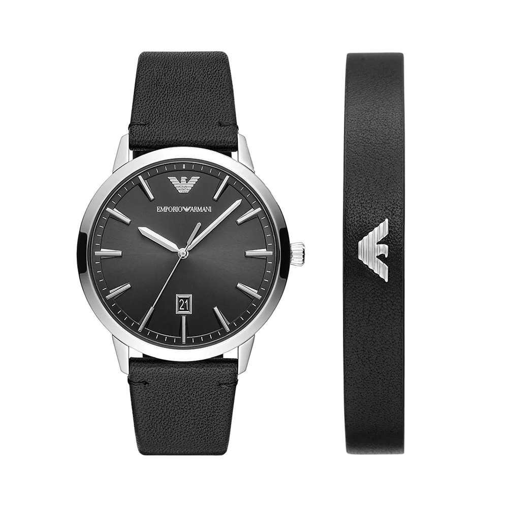 Picture of Emporio Armani Three-Hand Date Black Leather Watch and Bracelet Set AR80064SET