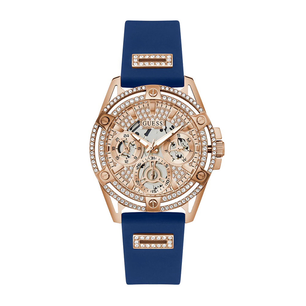 Guess Ladies Blue Rose Gold Tone Multi function Watch GW0536L5