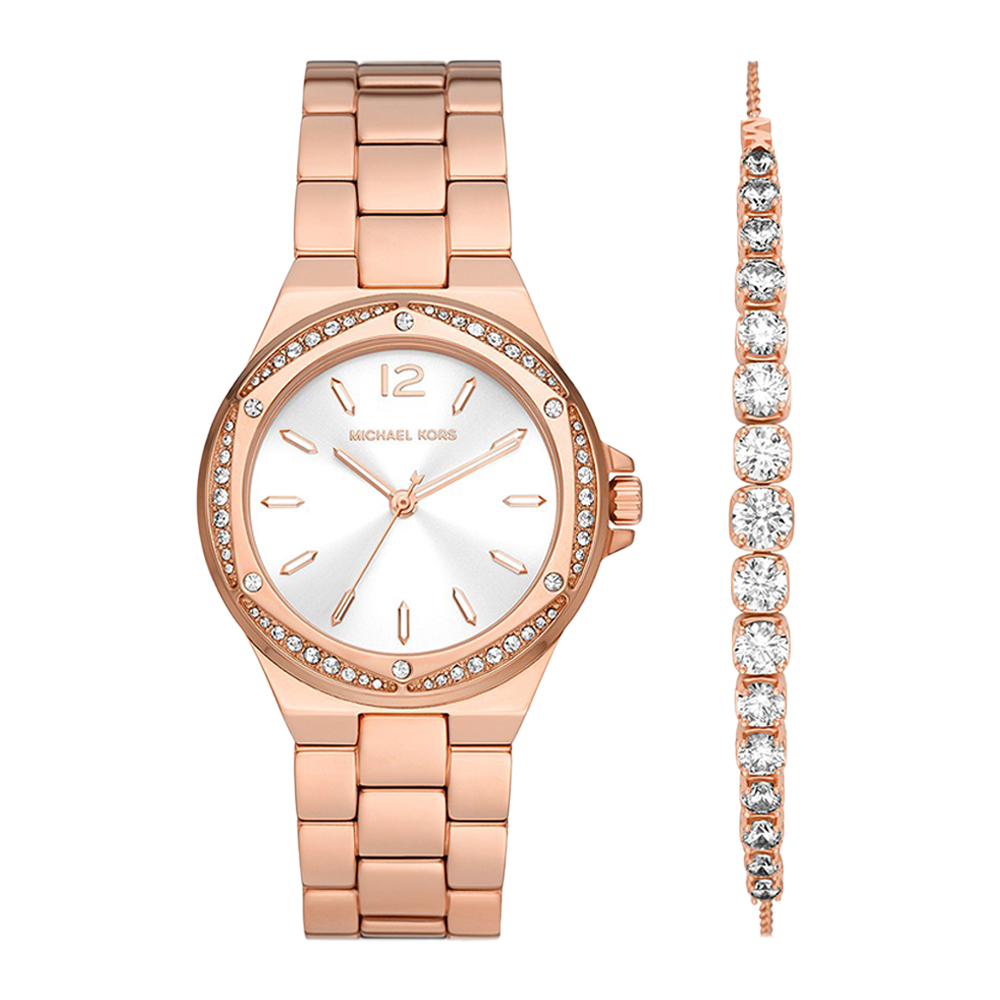 Picture of Michael Kors Lennox Three-Hand Rose Gold-Tone Stainless Steel Watch and Sterling Bracelet Set MK1053SET
