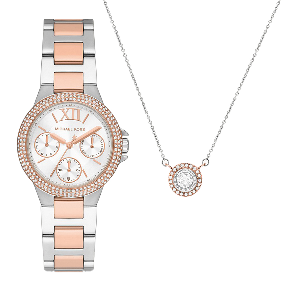 Picture of Michael Kors Mini Camille Multifunction Two-Tone Stainless Steel Watch and Steel Necklace Set MK1054SET