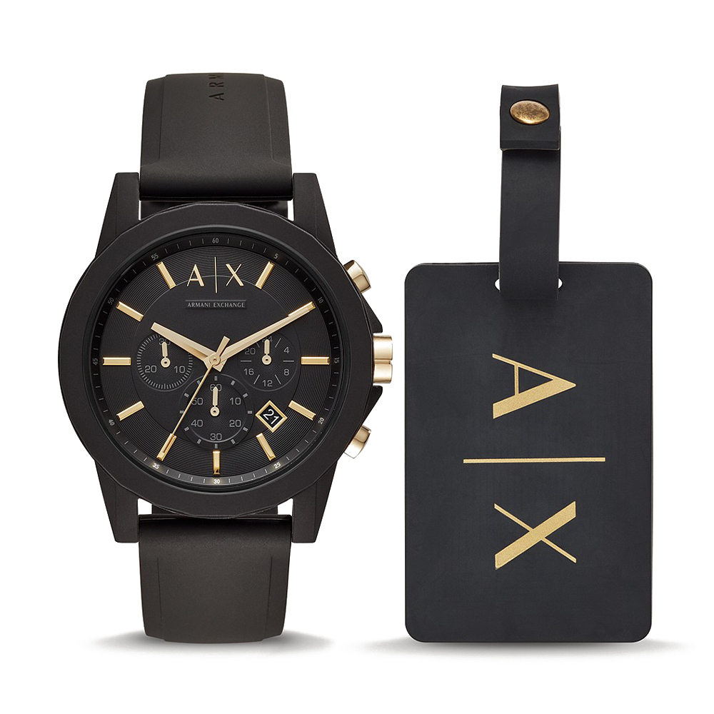 Picture of Armani Exchange Chronograph Black Silicone Watch and Luggage Tag Gift Set AX7105