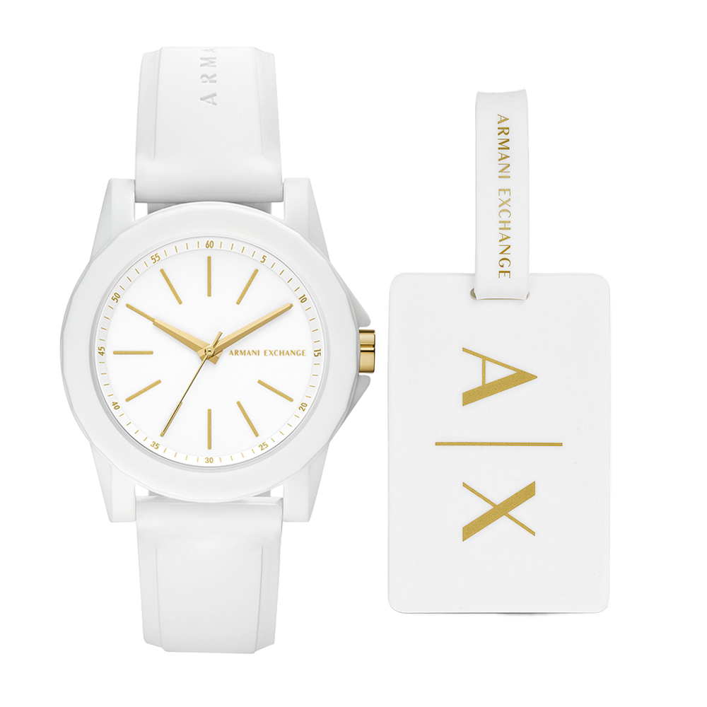 Picture of Armani Exchange Three-Hand White Silicone Watch and Luggage Tag Gift Set AX7126