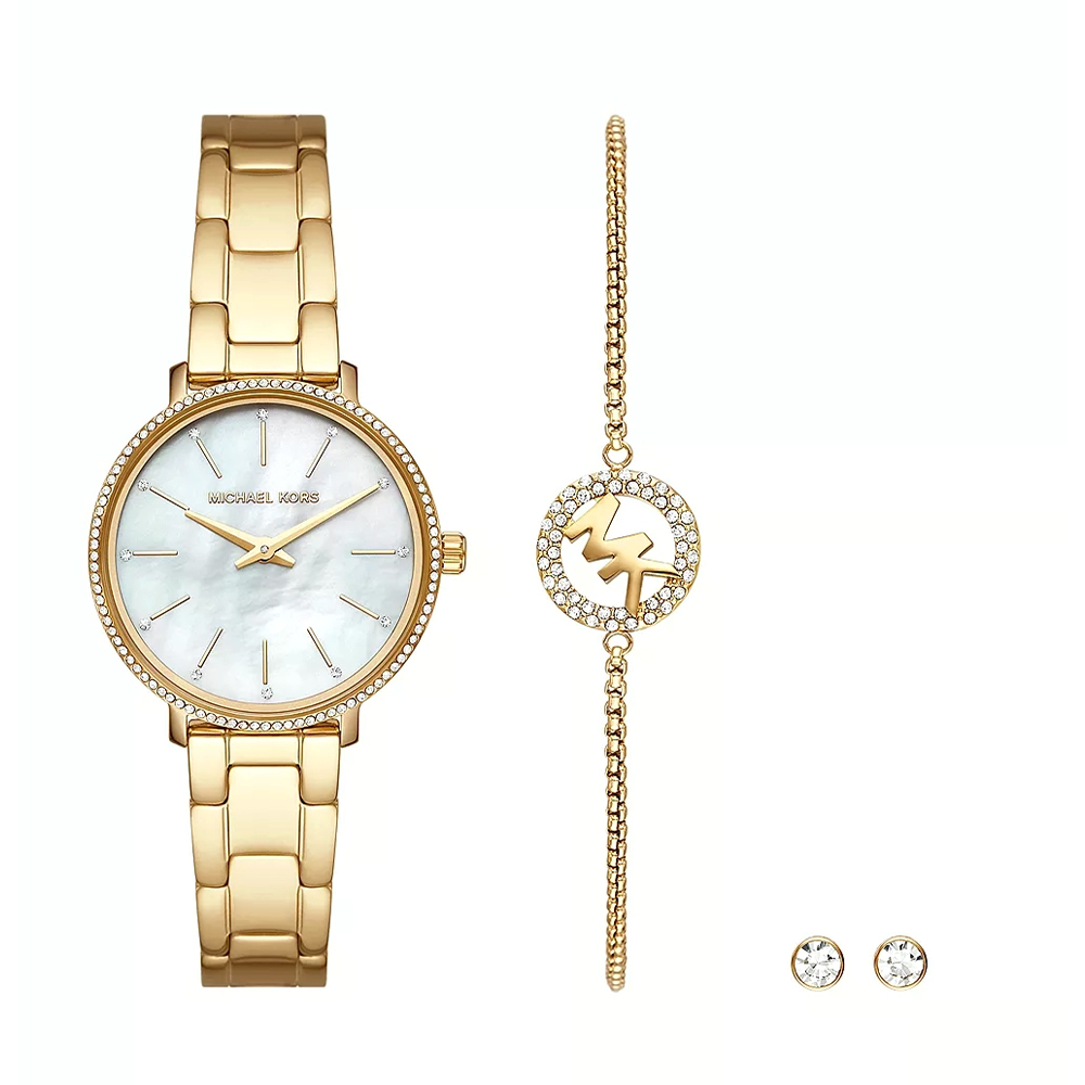 Picture of Michael Kors Pyper Two-Hand Gold-Tone Stainless Steel Watch and Earrings and Necklace Set MK1065SET