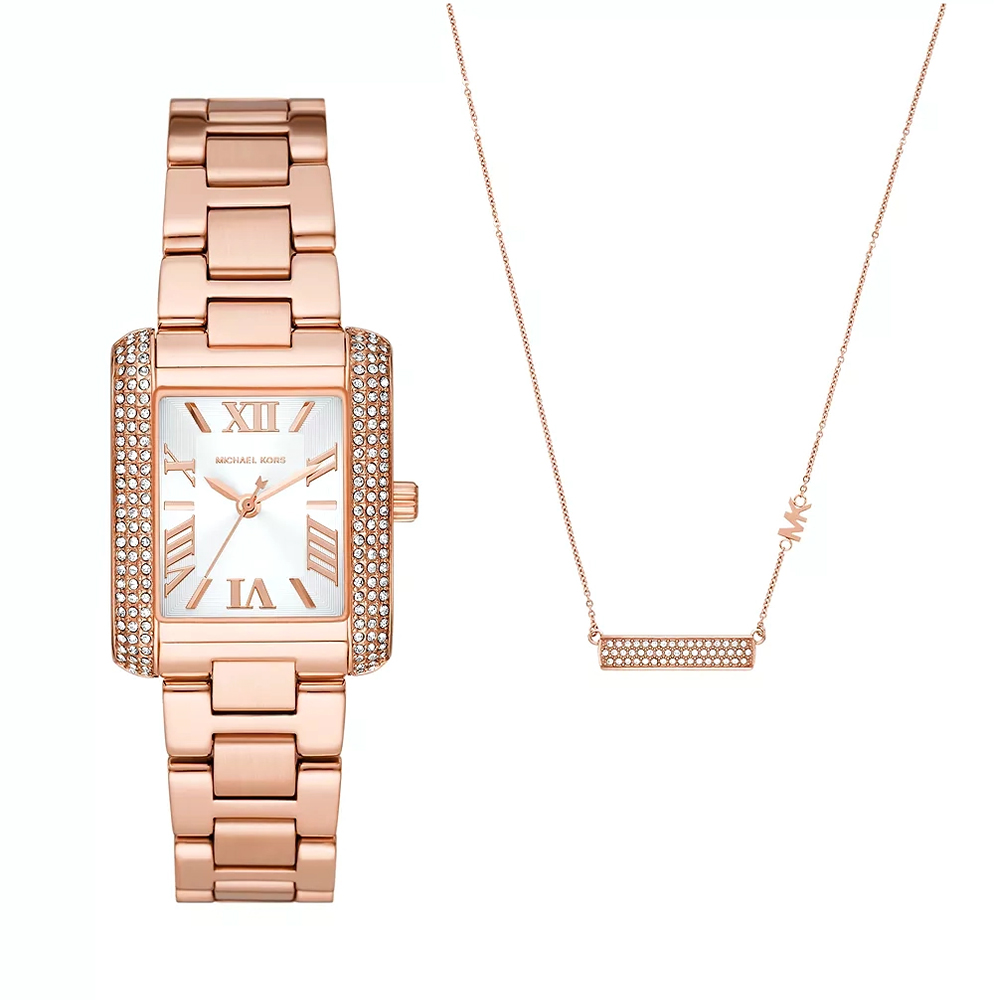 Picture of Michael Kors Emery Three-Hand Rose Gold-Tone Watch and Necklace Set MK1074SET