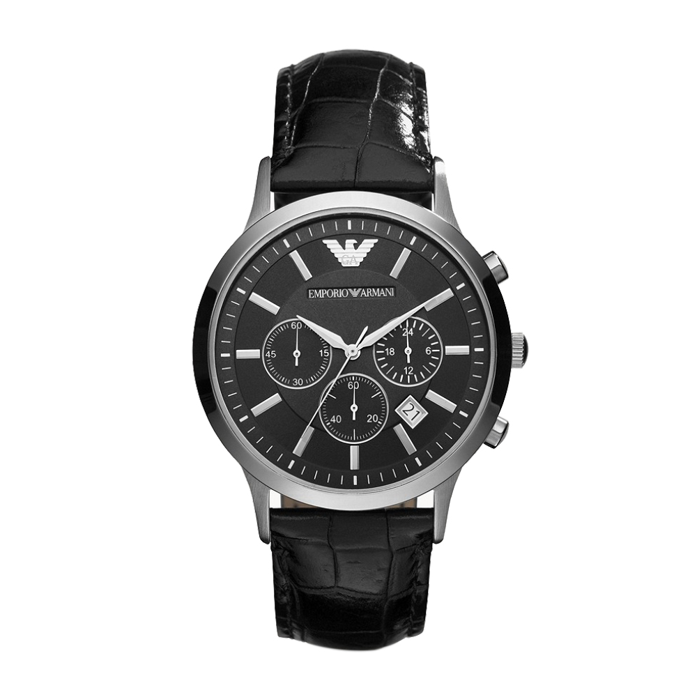 Emporio Armani Mens Three Hand Date Black Leather Watch AR2447